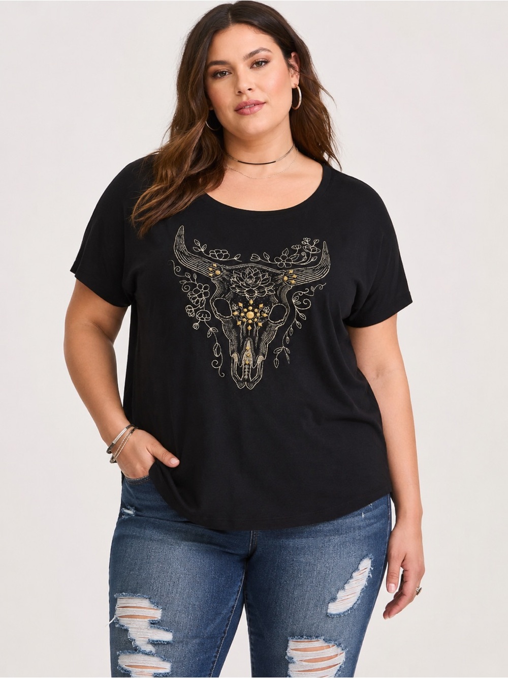 Torrid Black Graphic Tee Relaxed Fit Bull Skull Floral Studded Boho Western Top
